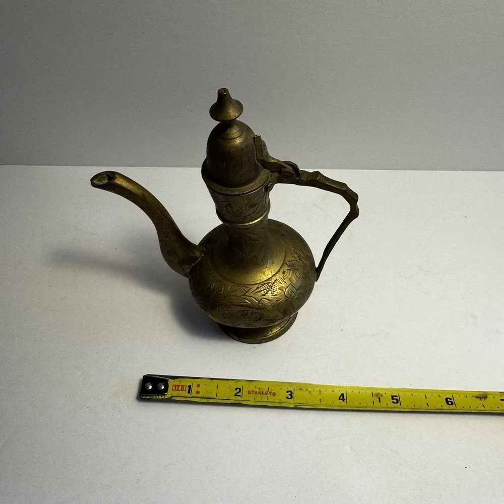 Vintage Mini‎ Brass Genie Oil Pitcher Etched Lid Decanter 6